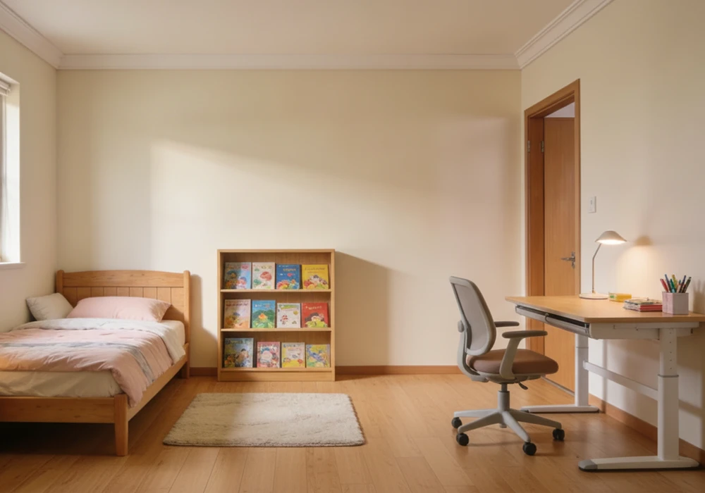 전면 책장과 높이 조절 책상 배치