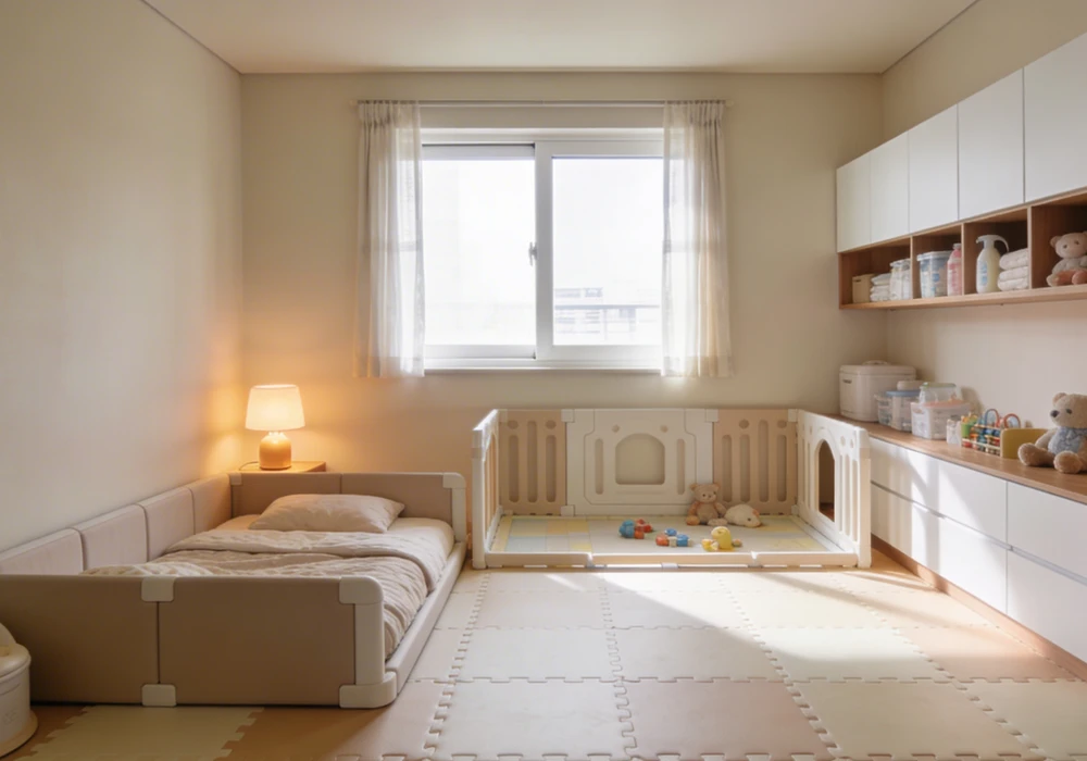 신생아 방 인테리어 안전 매트와 낮은 침대 놀이 공간 분리